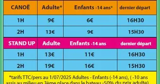 Tarifs canoë 2025